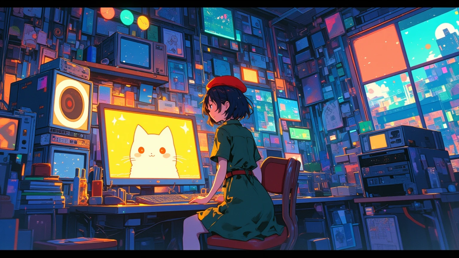 (masterpiece, high quality, high resolution, 4K, 8K, detail), cute Japanese girl (one solo, lo-fi girl, high school student, black hair, short hair, red beret, green shirt dress, anatomically correct body), back turned, facing desk computer, computer screen with glowing cat picture, geometric patterns, game world, room is also glowing, chaotic world in a cute way,