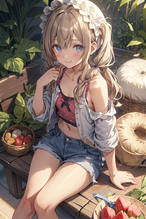 masterpiece, ultra detailed, 8k portrait, RAW photo, portrait photography, Highly detailed face, beautiful and meticulous eyes, (amber color eyes:1.5), 15 years old, (tilt one's head:1.5), (sitting:1.5), indoor, (white thin camisole:1.5) and (Lowrise blue shorts:1.5), (navel:1.2), (ultra long hem white summer cardigan:1.5), cute girl, long hair, (custard colored hair:1.5), (shoulder length hair:1.5), (forehead:1.5), (one side double hairpin), (sleepy face:1.0), young girl, 1girl, beauty girl, pretty girl, 159cm, 41kg, skinny:1.5, flat chest:1.5,