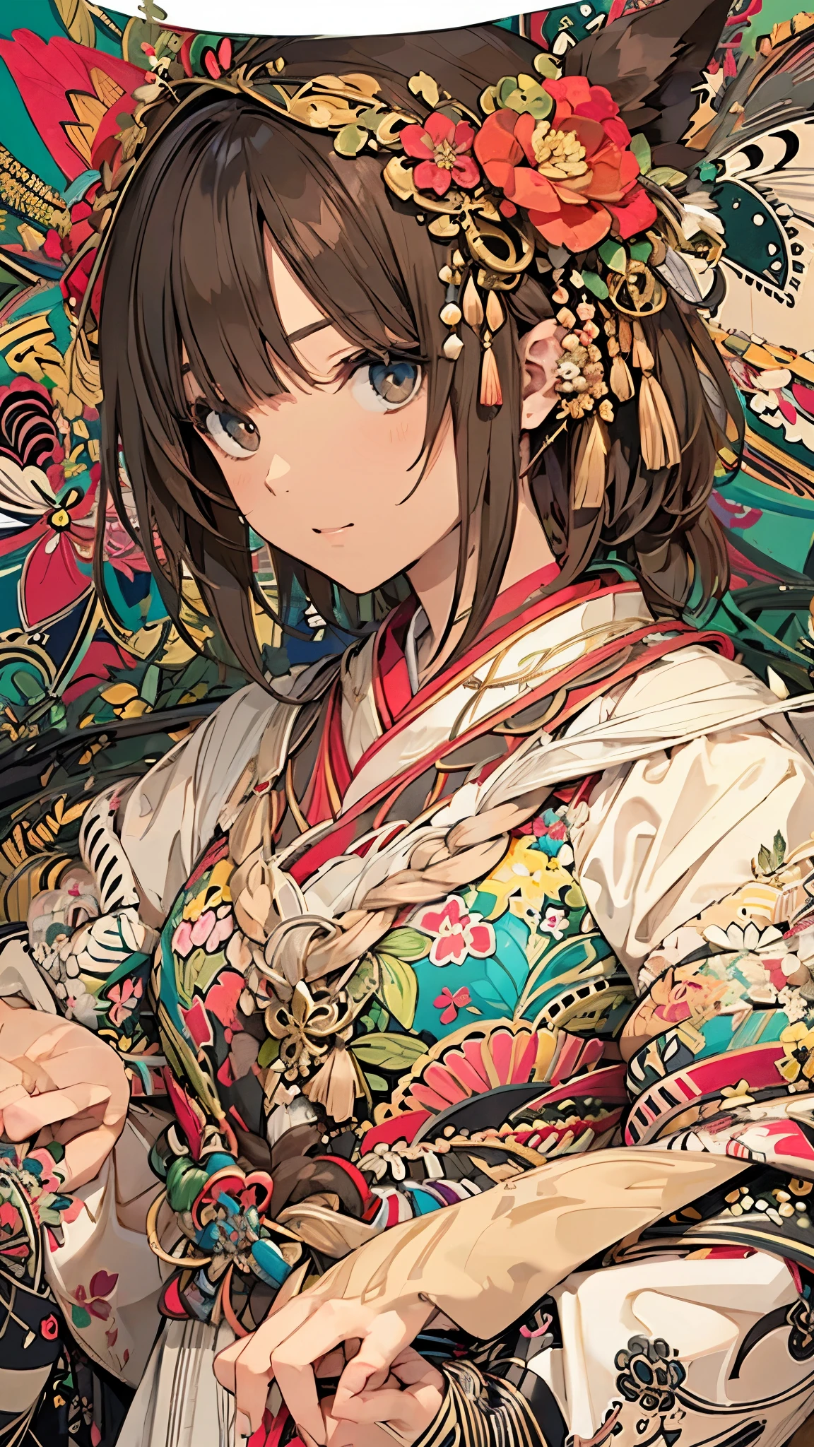 Official Art, wallpaper, very detailed, ((( very detailedな目と顔))), Keep your mouth shut., masterpiece, top quality, Realistic Portrait , (ZenTangle, Mandala, Tangle, EnTangle), Complicated clothes, very detailed, dynamic angle with blue lightning, Most Beautiful Chaotic Shapes , elegant , Brutalist Design , bright color, Romantic Chinese Flowers