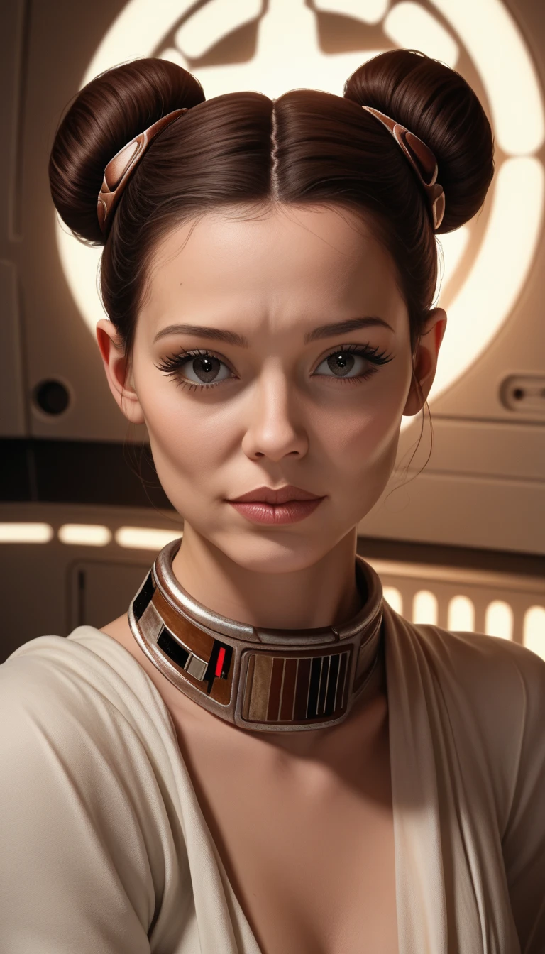 Pro ultra-real Photo cosplay Princess Leia face mouth teeth open short hairstyle symmetrical muscular body realistic suave seductive pose dramatic Bridaldress gothic lava black spinel ruby silk satin felt leather thick high fashion revealing underwear black short hair shaved Indigo Tourmaline Ultra High Image Quality Texture 16K DSLR UHD HDR Retina "star wars" "Unreal Engine 5"