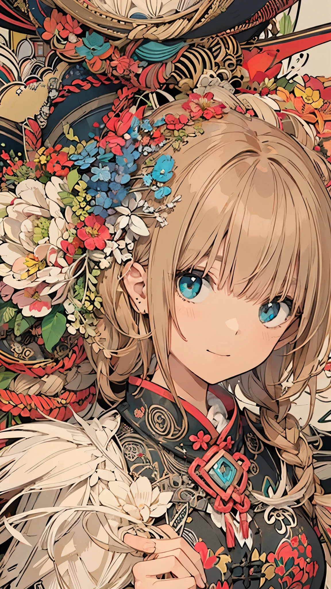 Official Art, wallpaper, very detailed, ((( very detailedな目と顔))), Keep your mouth shut., masterpiece, top quality, Realistic Portrait , (ZenTangle, Mandala, Tangle, EnTangle), Complicated clothes, very detailed, dynamic angle with blue lightning, Most Beautiful Chaotic Shapes , elegant , Brutalist Design , bright color, Romantic Chinese Flowers