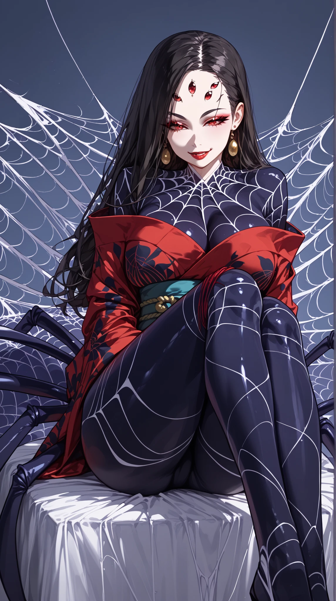 (sexy girl:1.65),( Sexy BODY:1.4),(greasy skin :1.8、dark hair color), 1 young beautiful woman,(masterpiece:1.3, top quality :1.3, very detailed depiction:1.3, Incredible High Definition :1.3,High quality anime drawings),(arachne:1.5,  dark color stylish luxury kimono),( red eyes,Vertically drawn pupils, half-closed eyes:1.3, huge boobs, seductive smile,Glossy lipstick, flashy makeup,Seductive gestures,Curvy Body,High quality skin,),spider legs,spider&#39;s Thread, spider webs ,(arachne girl:1.5, dribs and drabs, spider legs:1.5)、(Spider Torso  ), (oily skin,  Beautiful Woman's Face)、 straight hair、 long hair、((giant spider legs:1.5、giant spider body :1.5))