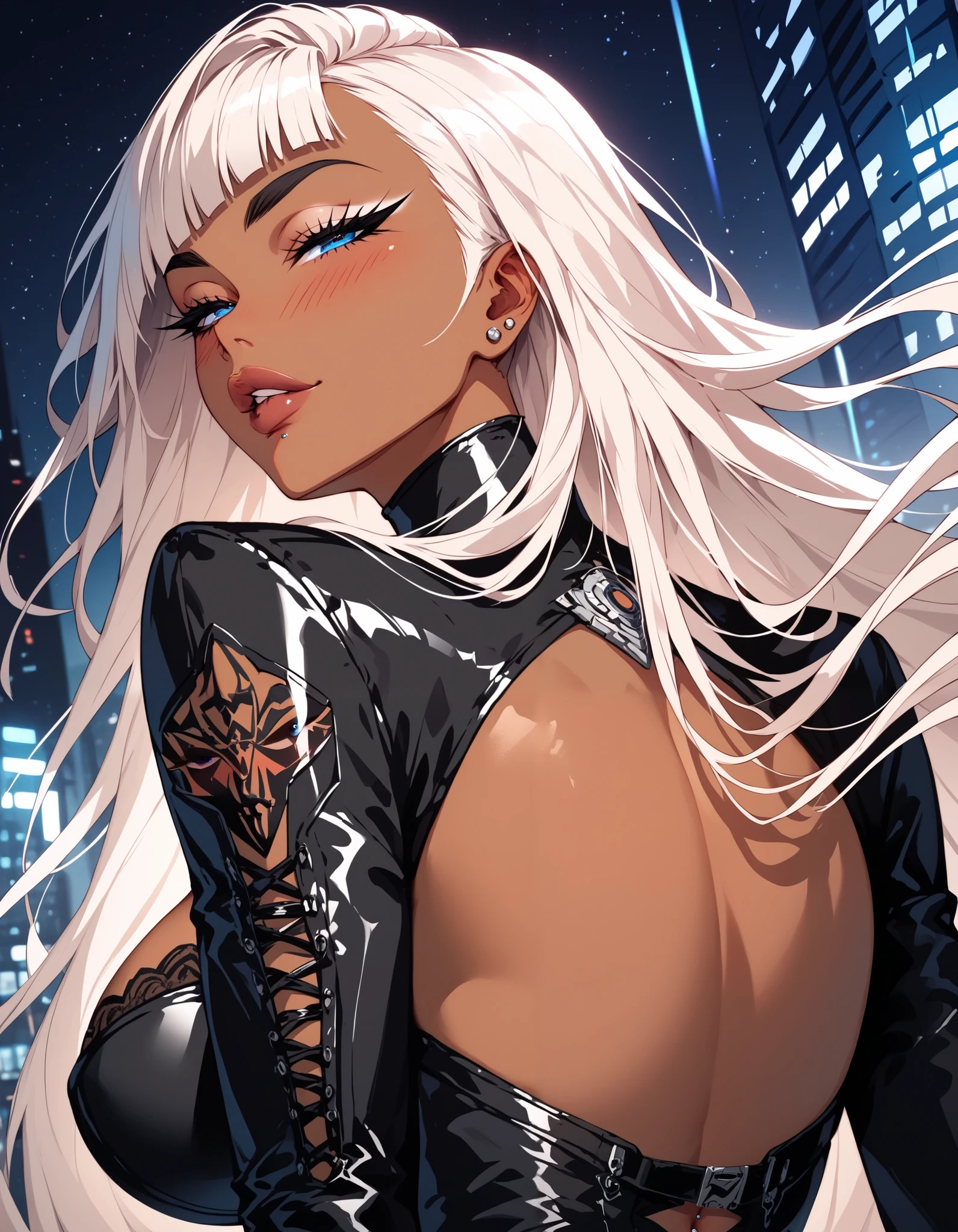 highres, sharp focus, pixiv masterpiece, ((intricate details)), best quality, ultra-detailed, beautiful cyber girl, seductive face, blush face, bitting lip, brown skin, long fringe platinum hair, detailed blue eyes, slanted eyes, big eyelashes, back eyeshadows, wide black eyebrows, big breasts, thin waist, big hips, thick figure, bellybutton piercing, open sci-fi sexy outfit, black sleeves, black long future stockings, black boots, pubic hair, on a future building, posing
