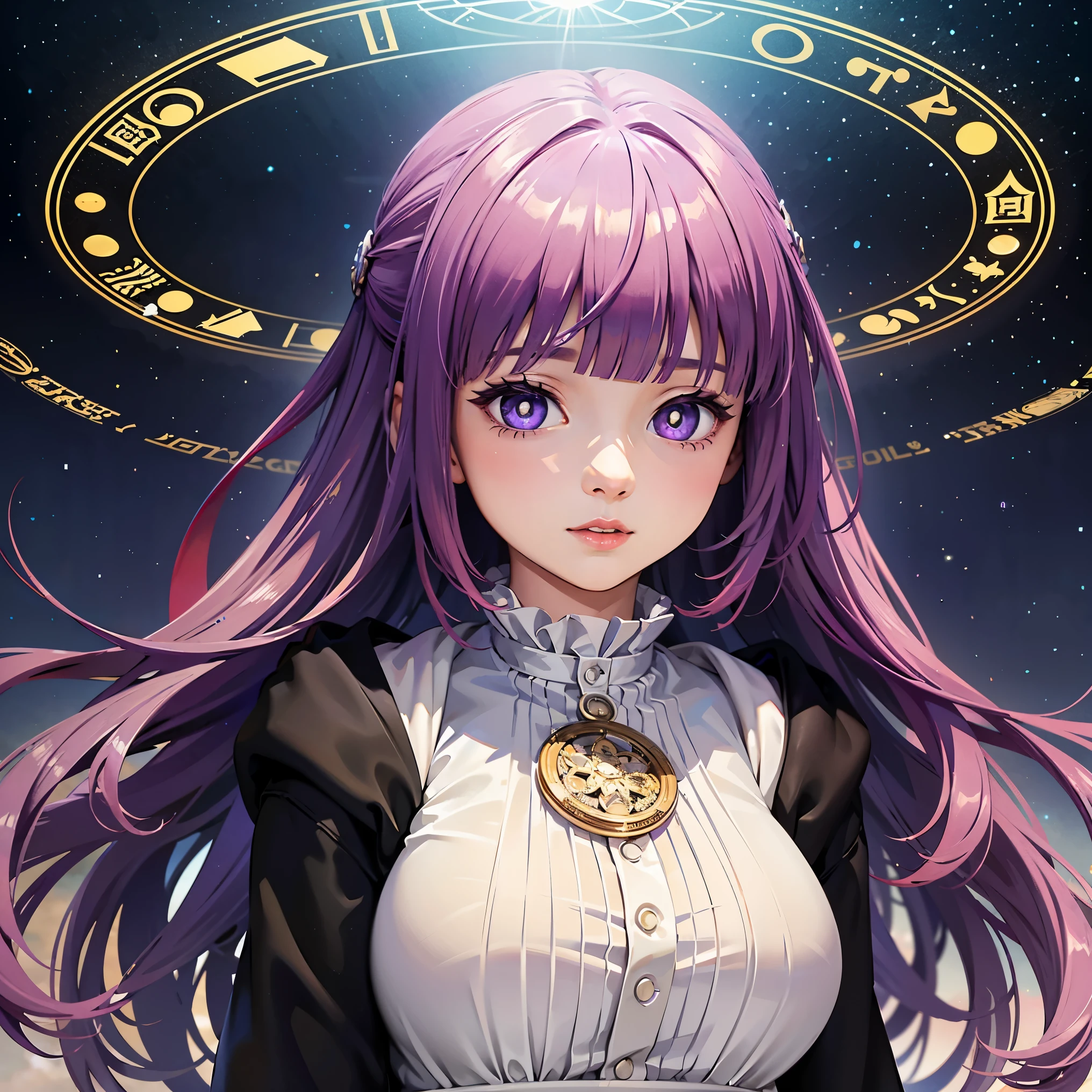 (  Details beautiful eyes and   Details face)、((The eyes are bright purple and have irises ))、(masterpiece), masterpiece, ( top quality),   Details,  High Resolution Illustration ), ((She is a beautiful adult woman))、beautiful women cast spells 、 There are multiple transparent rainbow-colored glass beads floating 、((( The giant magic circle has a very complex pattern and fractal structure)))、Magical aura 、（full body standing)、((Cinematic Production))、The starry sky is spreading、Imprint of Light、 lens flare