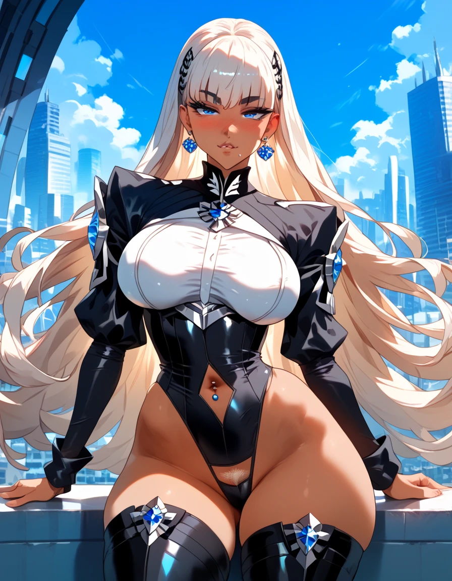 highres, sharp focus, pixiv masterpiece, ((intricate details)), best quality, ultra-detailed, beautiful cyber girl, seductive face, blush face, bitting lip, brown skin, long fringe platinum hair, detailed blue eyes, slanted eyes, big eyelashes, back eyeshadows, wide black eyebrows, medium breasts, thin waist, big hips, thick figure, bellybutton piercing, open cyber sexy outfit, black sleeves, black long future stockings, black boots, pubic hair, on a future building, posing
