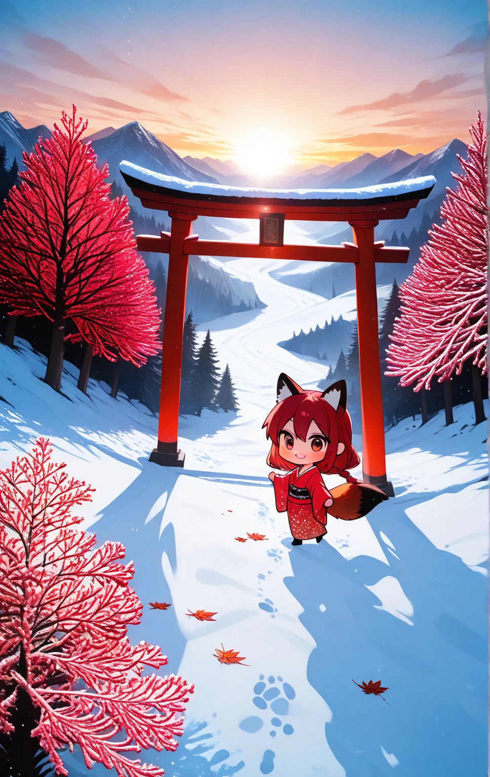 solo, 1girl\((chibi:1.3),small,cute,kawaii, (red fox ear),(red fox tail),red hair, (run around on snow), cute,happy, smile, beautiful red kimono, from side,cute eye,big eye, cat-eye\), snowy Winter ,1huge red gate torii,(many red leaf trees:1.3), landscape, dramatic scene ,sunrise,(from above)