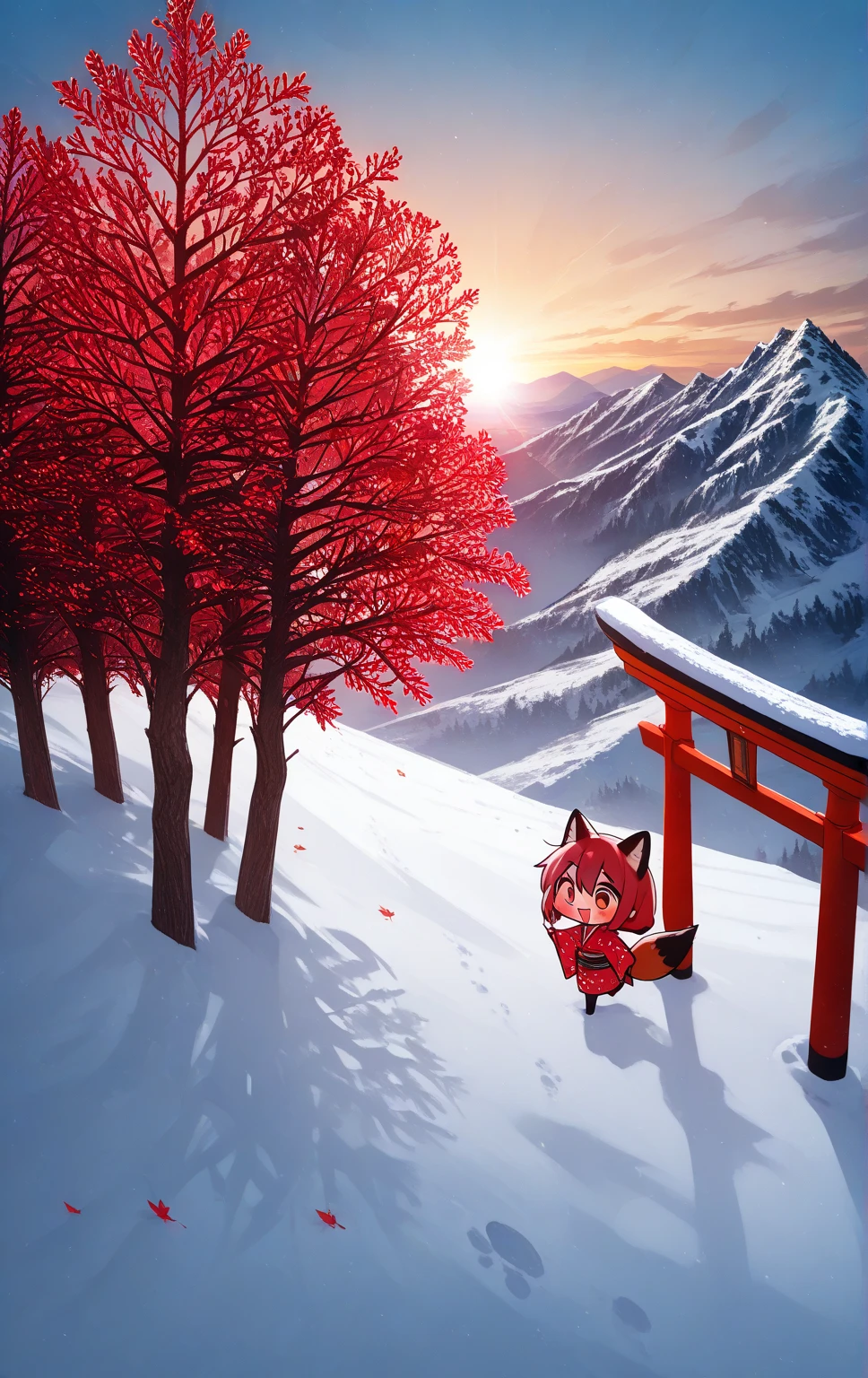 solo, 1girl\((chibi:1.3),small,cute,kawaii, (red fox ear),(red fox tail),red hair, (run around on snow), cute,happy, smile, beautiful red kimono, from side,cute eye,big eye, cat-eye\), snowy Winter ,1huge red gate torii,(many red leaf trees:1.3), landscape, dramatic scene ,sunrise,(from above)