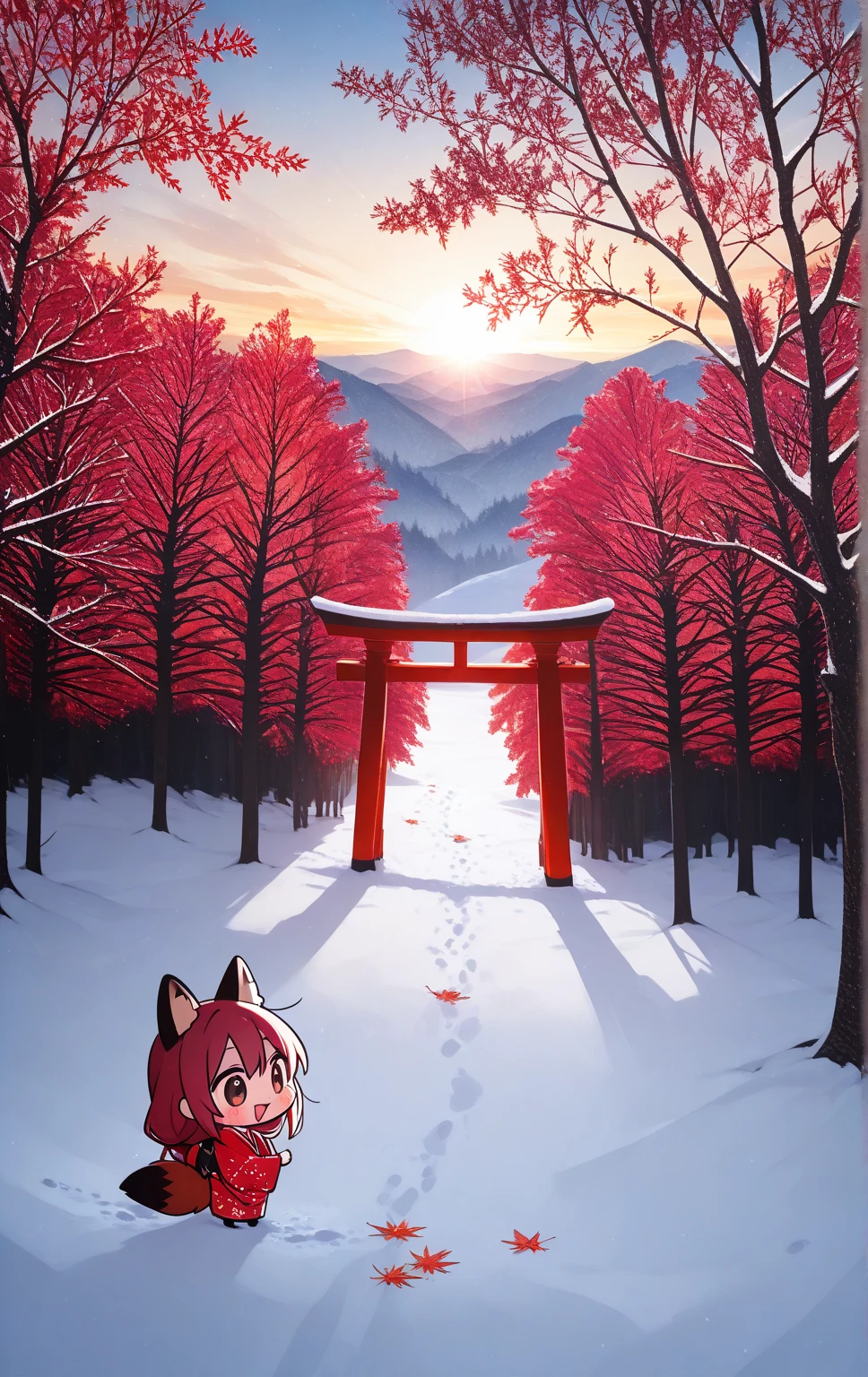 solo, 1girl\((chibi:1.3),small,cute,kawaii, (red fox ear),(red fox tail),red hair, (run around on snow), cute,happy, smile, beautiful red kimono, from side,cute eye,big eye, cat-eye\), snowy Winter ,1huge red gate torii,(many red leaf trees:1.3), landscape, dramatic scene ,sunrise,(from above)