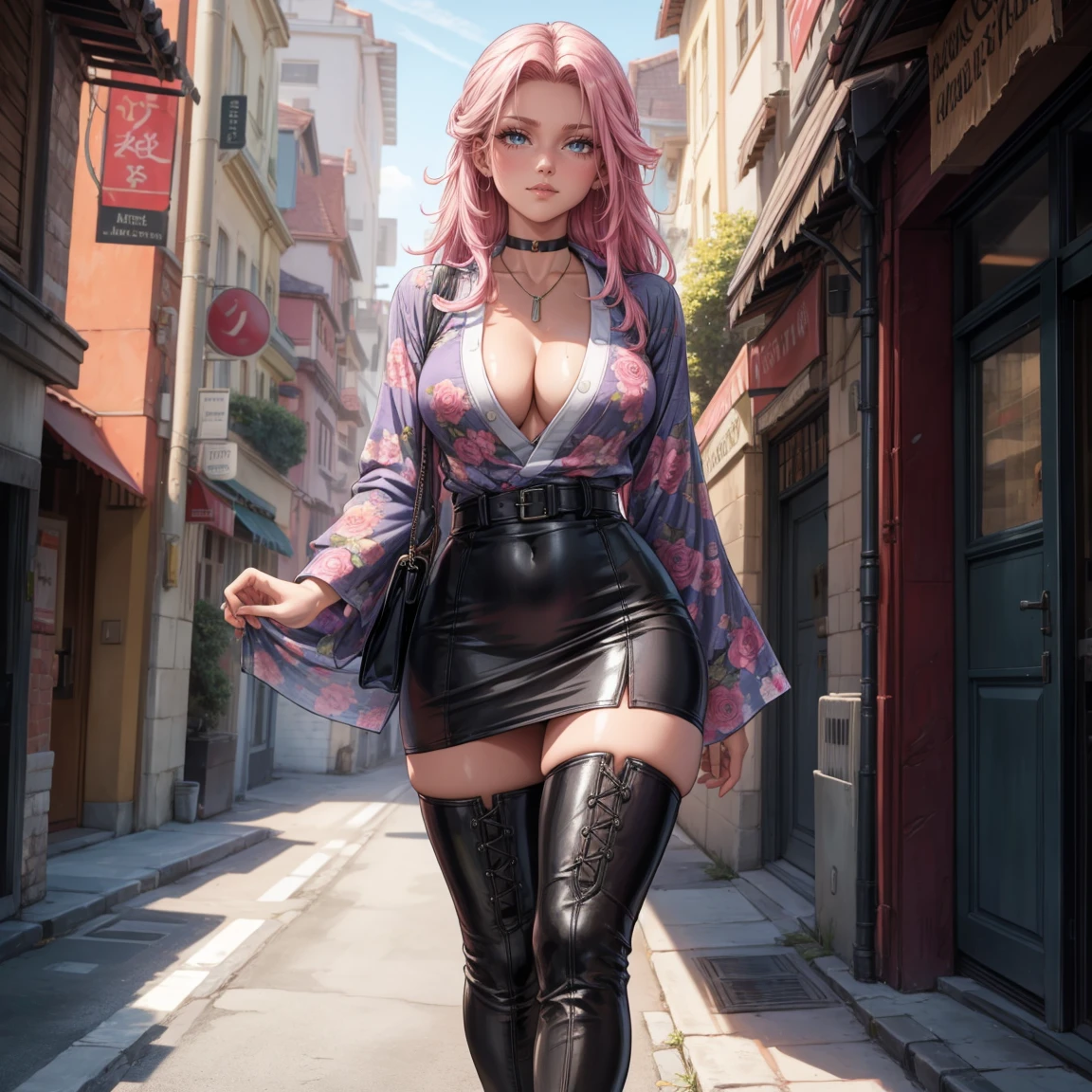 a masterpiece, best quality, highres, absurdres, 1girl, crowd, laced underwear, long trenchcoat, pink hair, gasai yuno, from below, revealing clothes, skindentation, outdoors, sunlight, street, looking at viewer, blush, detailed face, beautiful detailed eyes, beautiful detailed lips, extremely detailed face, long eyelashes, cinematic lighting, depth of field, volumetric lighting, photorealistic, digital painting, concept art, vibrant colors, dynamic pose