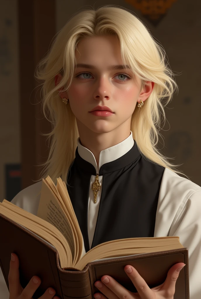 (top quality, 4K, masterpiece :1.3) a cute eighteen beautiful european man, blond man, pale skin, very pale amber eyes, slanted eyes, dressed like a priest, holding an ancient book, beautiful detailed eyes, earring, shy look, romantic church landscape, delicate face, blushing face, shy pose, cute and warm lighting, warm angle, detailed background, beautiful detailed eyes, whole body, mid length hair, androgynous