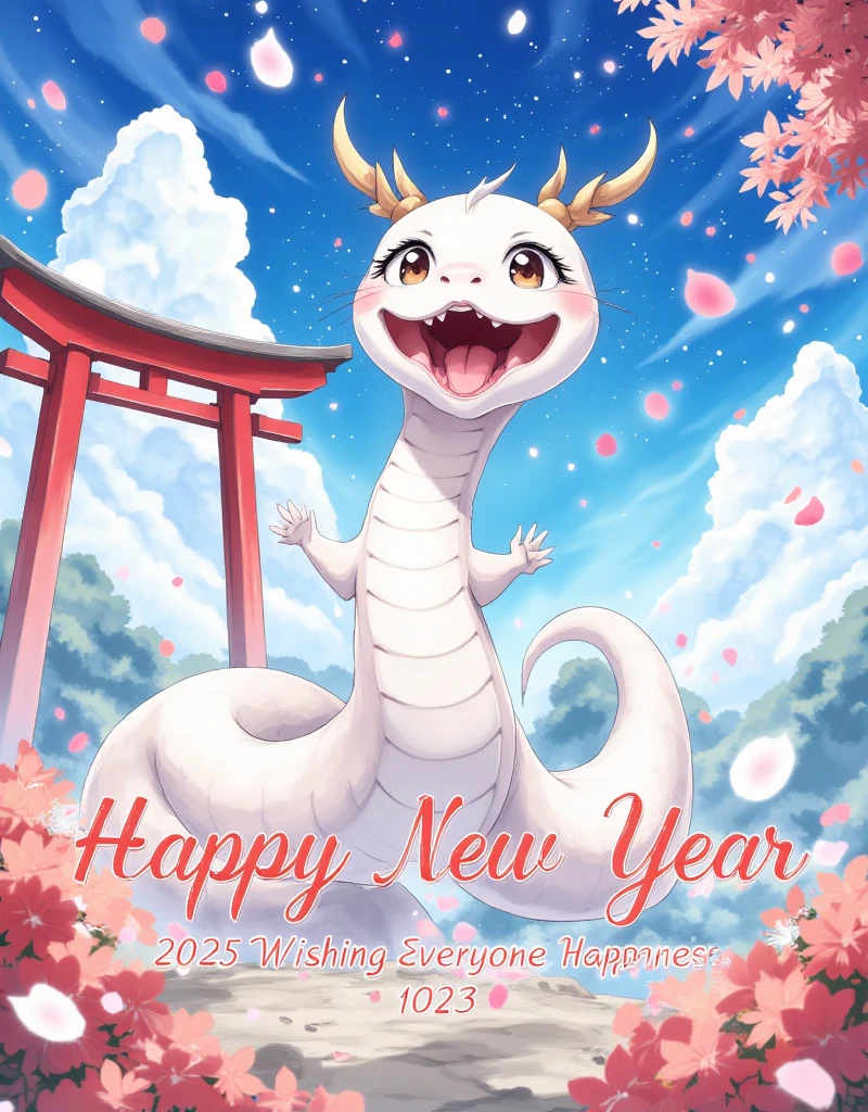 Anime, work of art, 8K quality, theme is "New Year Poster", white snake is laughing, text "Happy New Year 2025 wishing everyone happiness", blurred blue sky and red torii gate in the background, carefully drawn text letters.