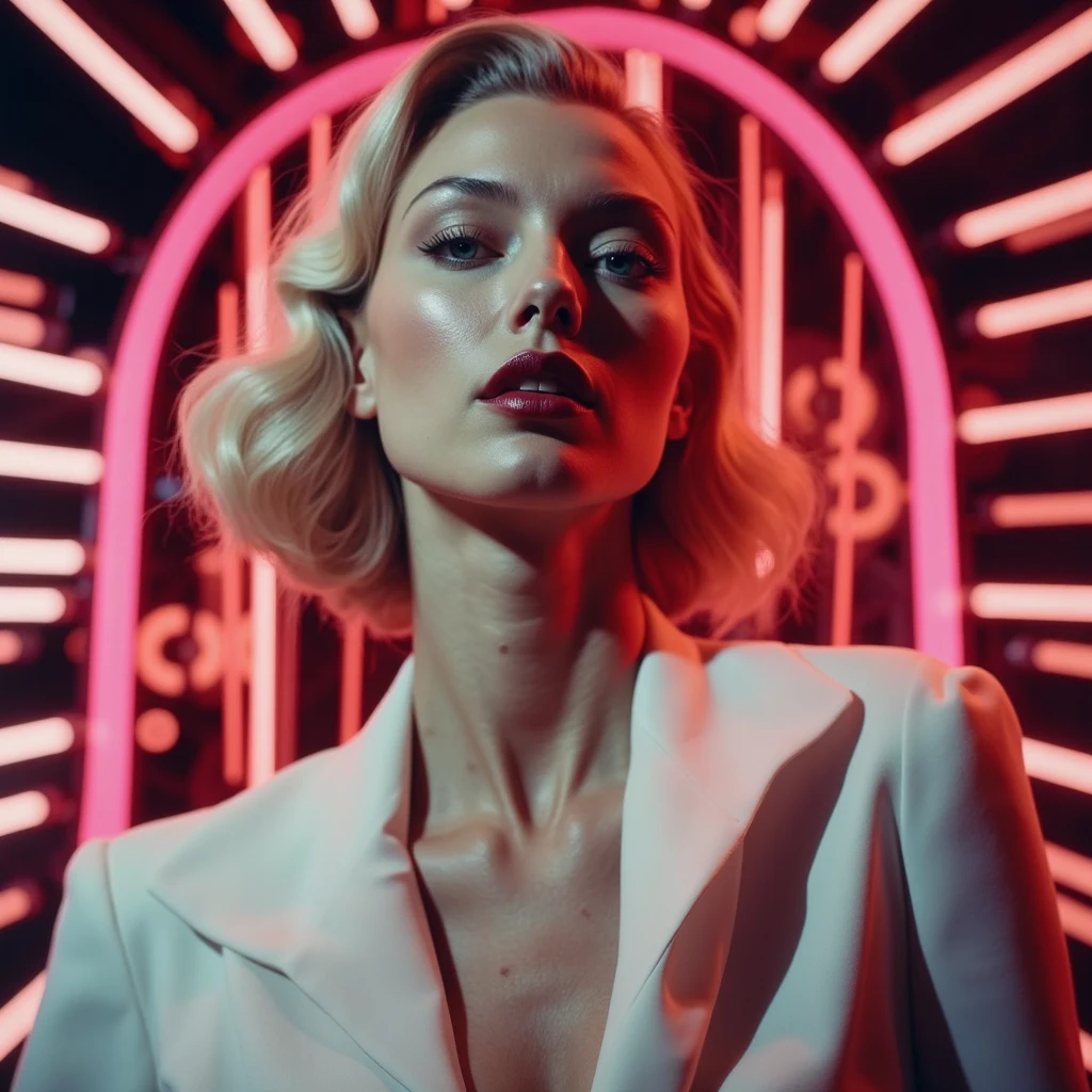 photo
The image features a woman with a unique hairstyle, sporting a pixie cut and a blonde wig. She is standing in front of a neon-lit object, possibly a clock, and appears to be looking at the camera. The woman is wearing a white dress, which stands out against the vibrant background.
In the scene, there are a few other people, but they are not the main focus of the image. The woman with the blonde wig is the central figure, capturing attention with her distinctive appearance and the striking neon lighting.