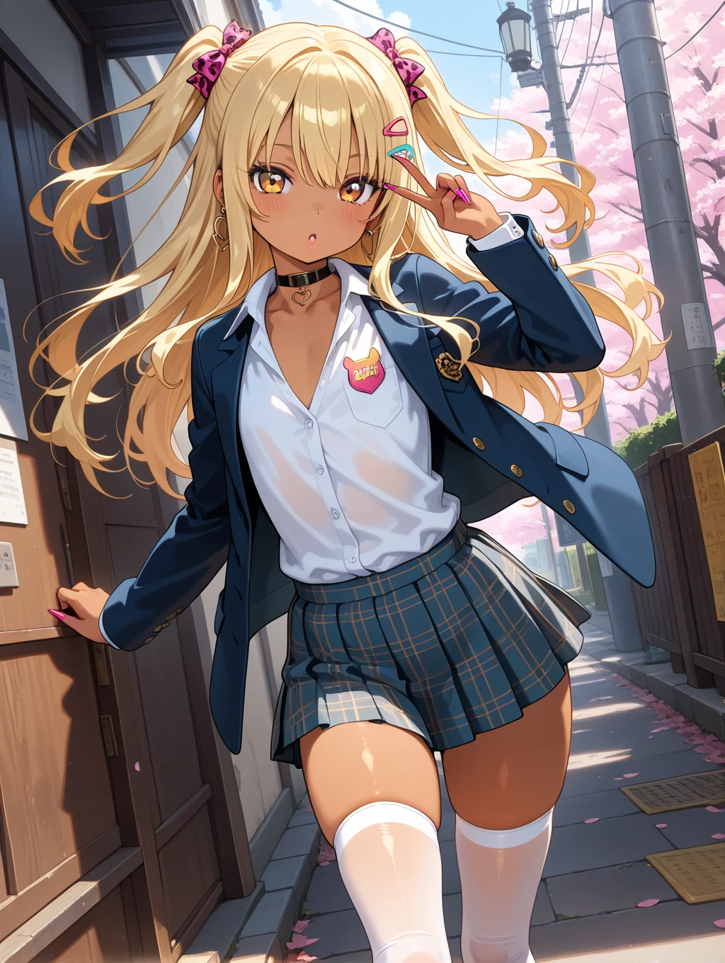 akizuki airi. oni chichi, masterpiece, highest quality, Very detailed, figure, Flat Color, Depth of written boundary, , , 1 girl, young, anime, Returning Home, full length, blonde, Twin tails, Looking at the audience, red pleated mini skirt, Wet white button-down shirt, , serafuku, Blue tie, black tights, See-through underwear,Small backpack, Fine leather texture, Detailed fabric texture, Beautifully detailed face, blue eyes, A light smile, Pink Panties
