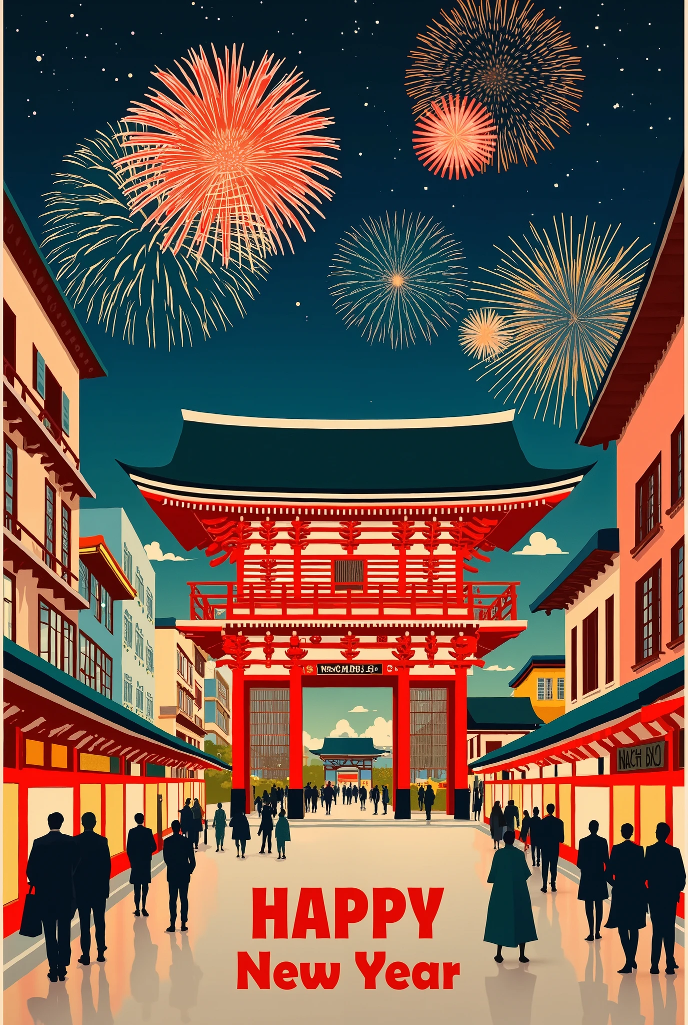 (new year poster:1.3), (vintage style travel poster:1.5), Tokyo, Asakusa, Sensoji Temple Kaminarimon, fireworks in night sky , ("Happy new year" neon sign:1.5), 