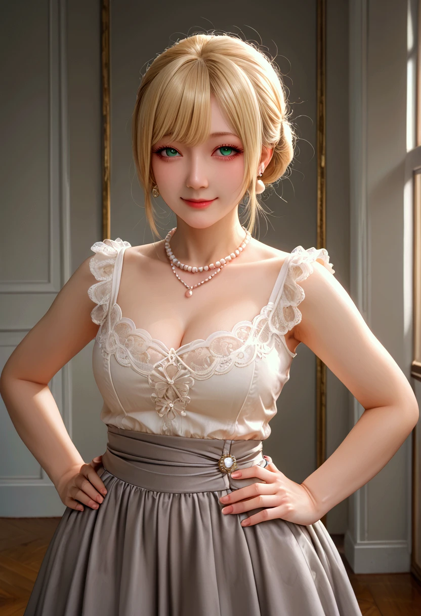 1girl, blonde hair, brown eyes, high quality, ultra detailed, masterpiece, realistic,clothes
