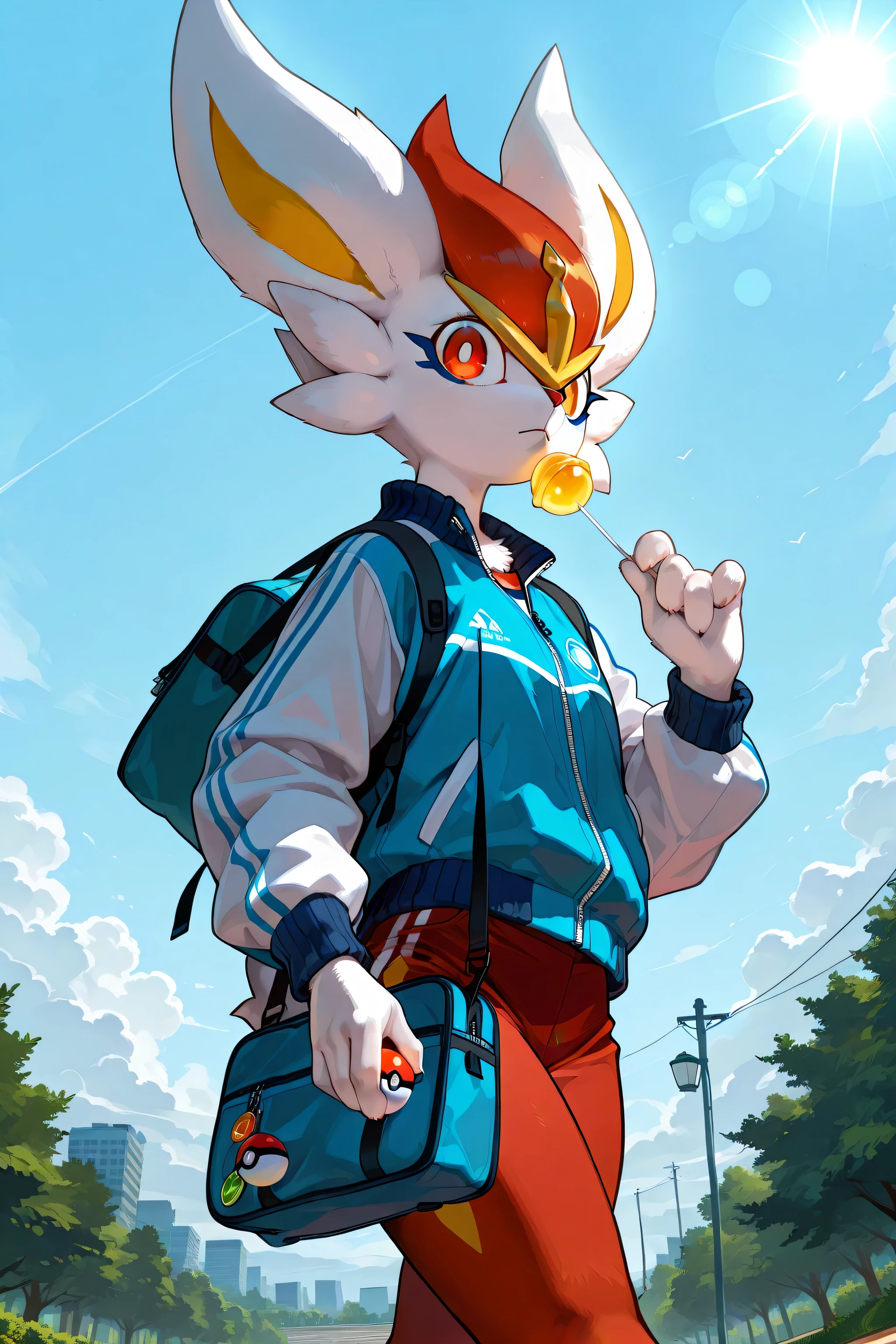 anthro, solo, anthro female bunny, white fur, cinderace:1.5, weras blue short jacket, blue training bag, red eyes, looking the viewer, walking, red fur on legs, bare feet, three pokeballs, 4 fingers,4 toes, on profile:1.5, white bunny's tail char1 in a park on sunny day, char1 licks lollipop, vivid colors, lineless, flatcolors, masterpiece, breathtaking, high detailed, trending art, 4k, very low, extreme angle shot, impasto style, pixelsketcher:0.5, simple shading, flat colors, cel shading, dark cel shading, masterpiece, high res, best quality, by paperclip, by buta99, by coffeesoda,