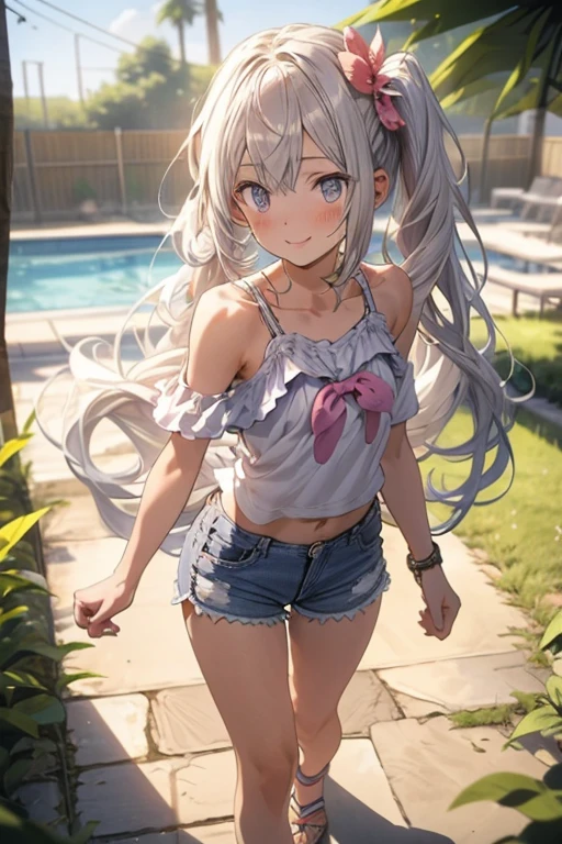 masterpiece, best quality, highres, Amira, long hair, bangs pinned back, topknot, forehead, choker, bare shoulder, cleavage, mini shorts , small bra,bow, sleeveless, cowboy shot, standing, outdoors, bar, smile, shy, blushing smile,showing ass