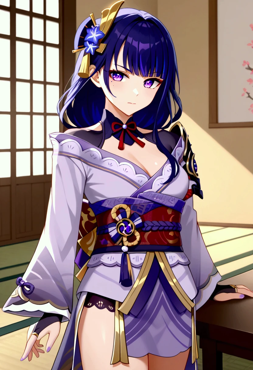 raiden_shogun_ckxl, long hair,streaked hair,two-tone hair,sidelocks,hair ornament,highres,blunt bangs,bridal gauntlets,long sleeves,low ponytail,short kimono,shoulder armor, stand, Confident pose, Room, Displeased face, Beautiful view, good atmosphere