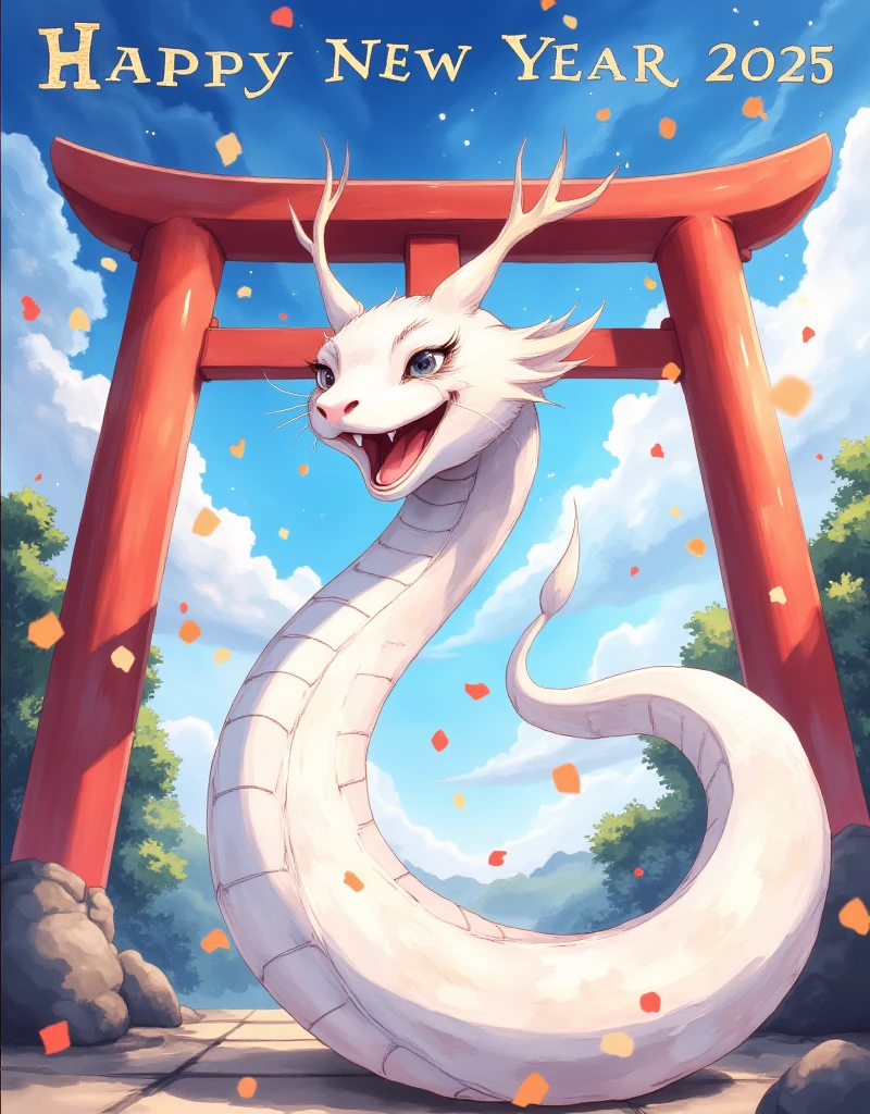 Anime, work of art, 8K quality, theme is "New Year Poster", white snake is laughing, text "Happy New Year 2025 wishing everyone happiness", blurred blue sky and red torii gate in the background, carefully drawn text letters.