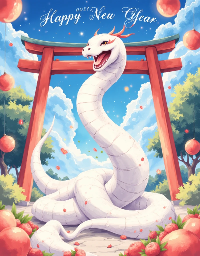 Anime, work of art, 8K quality, theme is "New Year Poster", white snake is laughing, text "Happy New Year 2025 wishing everyone happiness", blurred blue sky and red torii gate in the background, carefully drawn text letters.