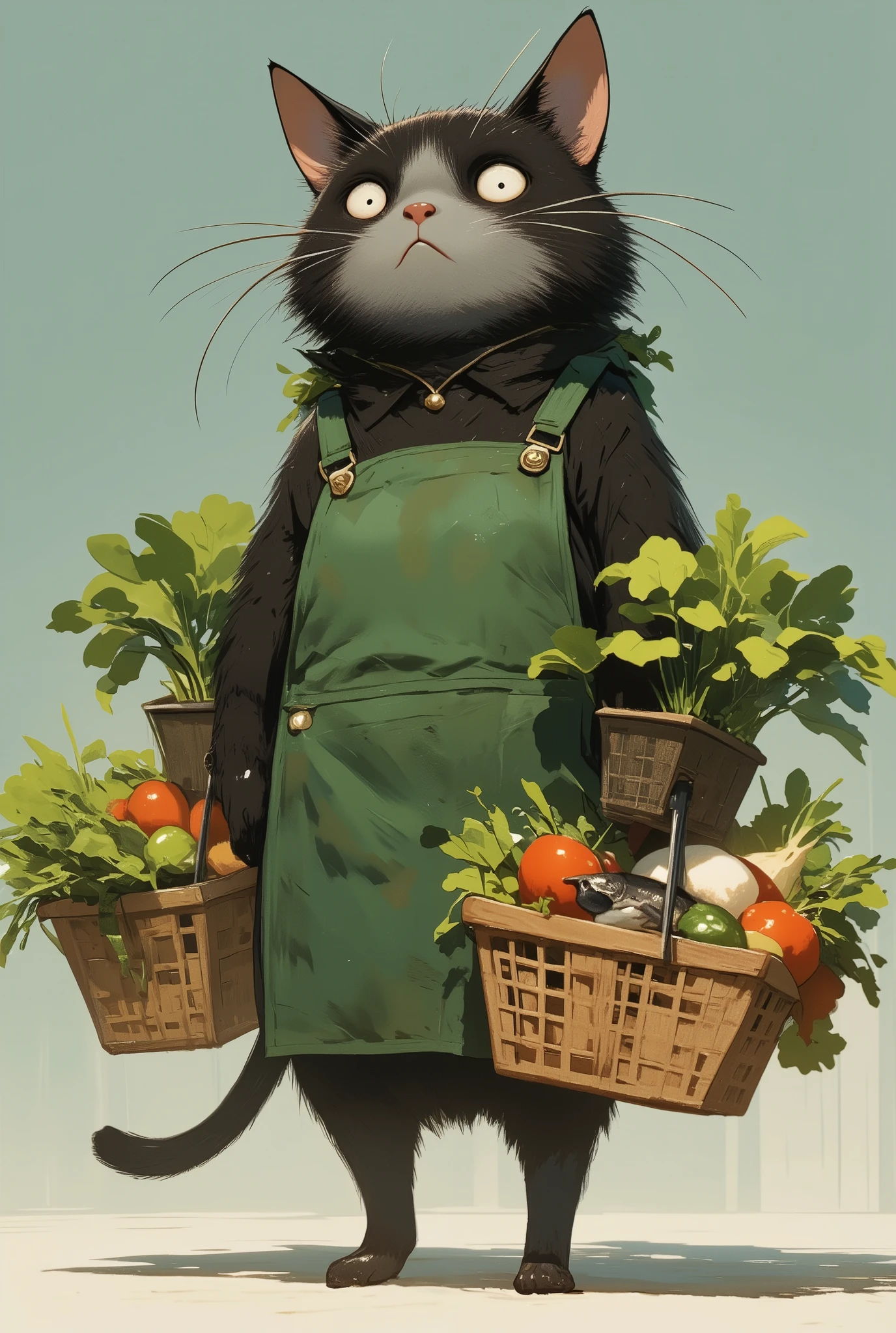   a black cat that walks on two legs larger than a human \ girl,   wear a green apron  ,  gray fur from nose to belly , Grey Mouth ,   with droopy ears , Outward-facing ears  ,  Poor eyesight ,   attractive face , :3,   I have a shopping basket 、 I have vegetables and fish in my hands , I 