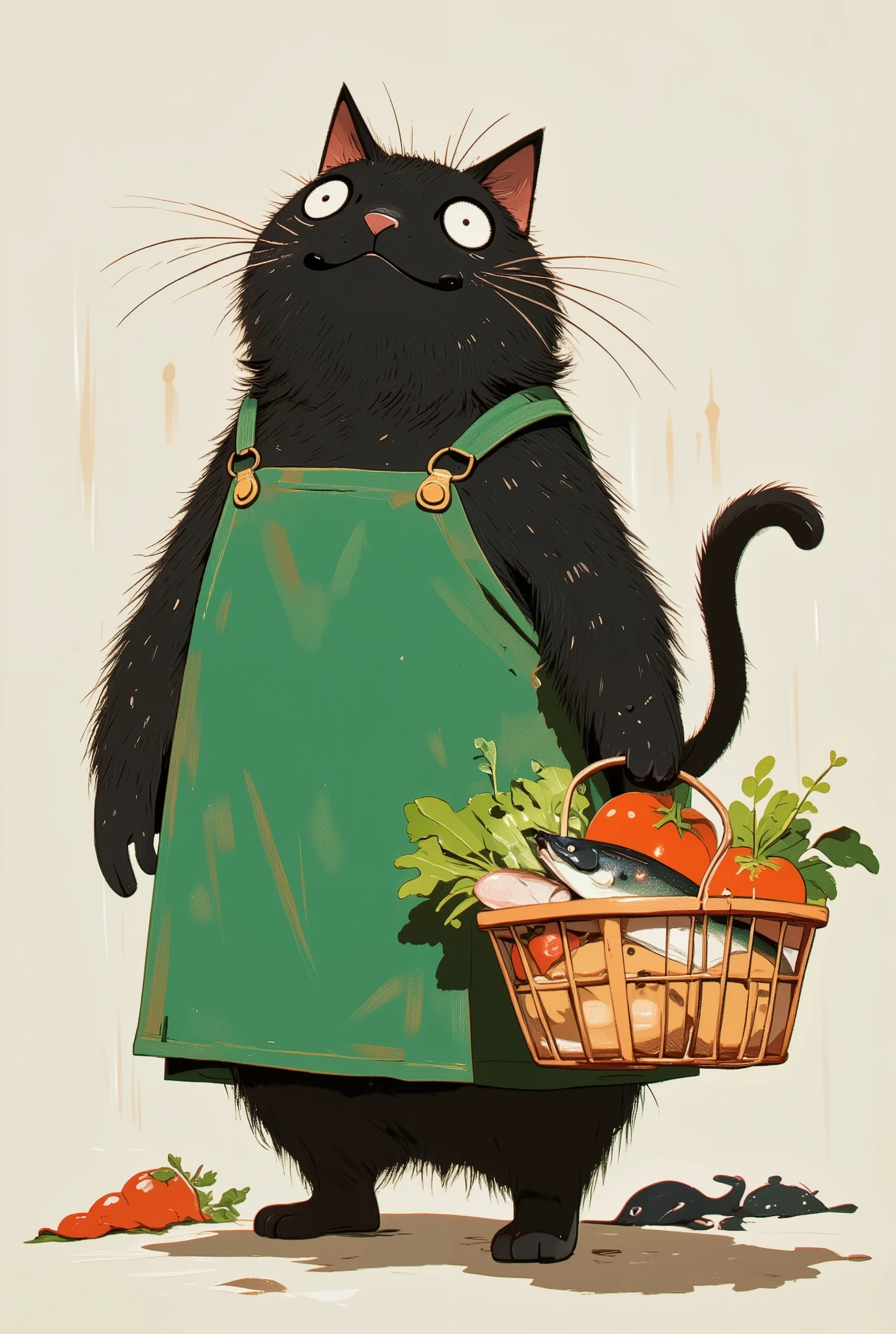 a black cat that walks on two legs larger than a human \ girl, wear a green apron , gray fur from nose to belly , Grey Mouth , with droopy ears , Outward-facing ears , Poor eyesight , attractive face , :3, I have a shopping basket 、 I have vegetables and fish in my hands , I