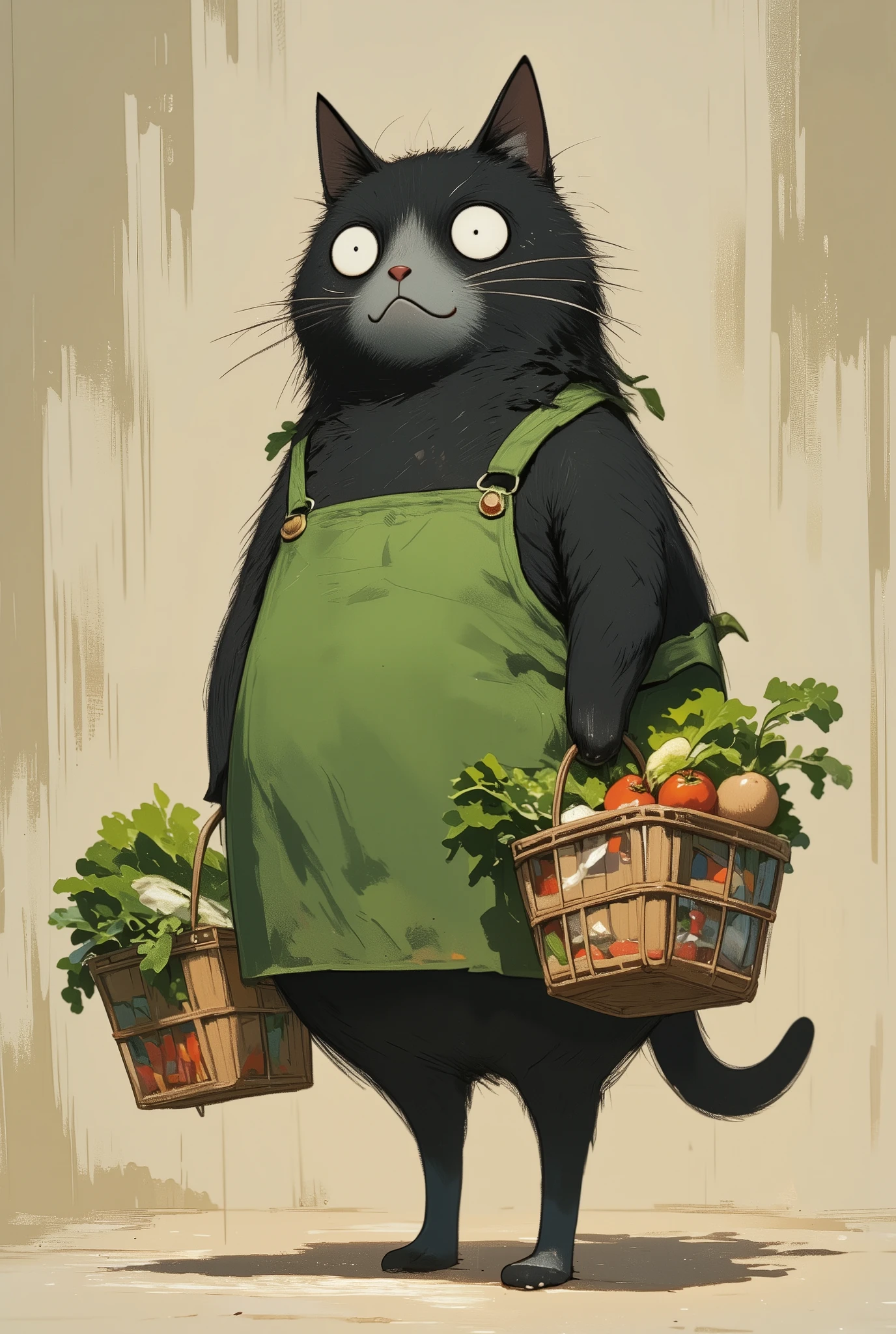   a black cat that walks on two legs larger than a human \ girl,   wear a green apron  ,  gray fur from nose to belly , Grey Mouth ,   with droopy ears , Outward-facing ears  ,  Poor eyesight ,   attractive face , :3,   I have a shopping basket 、 I have vegetables and fish in my hands , I 