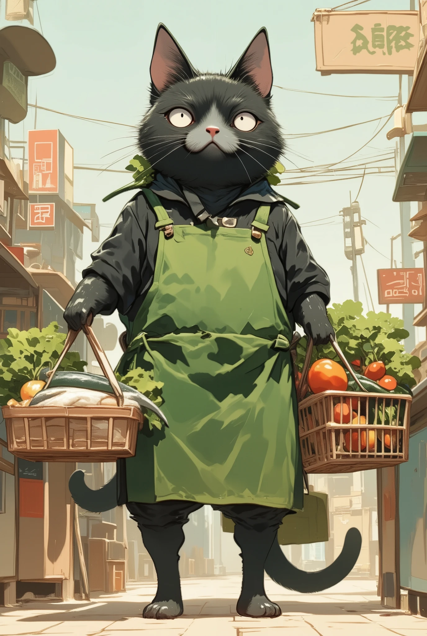 a black cat that walks on two legs larger than a human \ girl, wear a green apron , gray fur from nose to belly , Grey Mouth , with droopy ears , Outward-facing ears , Poor eyesight , attractive face , :3, I have a shopping basket 、 I have vegetables and fish in my hands , I