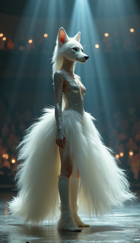 A realistic hybrid of a young ballerina and a majestic white wolf, seamlessly fused into one being. The figure retains the ballerina's human face and delicate features, with subtle hints of wolf-like traits such as slightly pointed ears and a soft layer of white fur framing her face. Her arms and legs have a blend of human and wolf characteristics, with delicate fingers but lightly furred. She wears a flowing silver gown with intricate details, designed to complement the wolf's majestic white tail and fur. The setting is a softly lit stage, with realistic spotlights and an audience blurred in the background. The atmosphere feels grounded yet magical, highlighting the balance of grace and raw power."