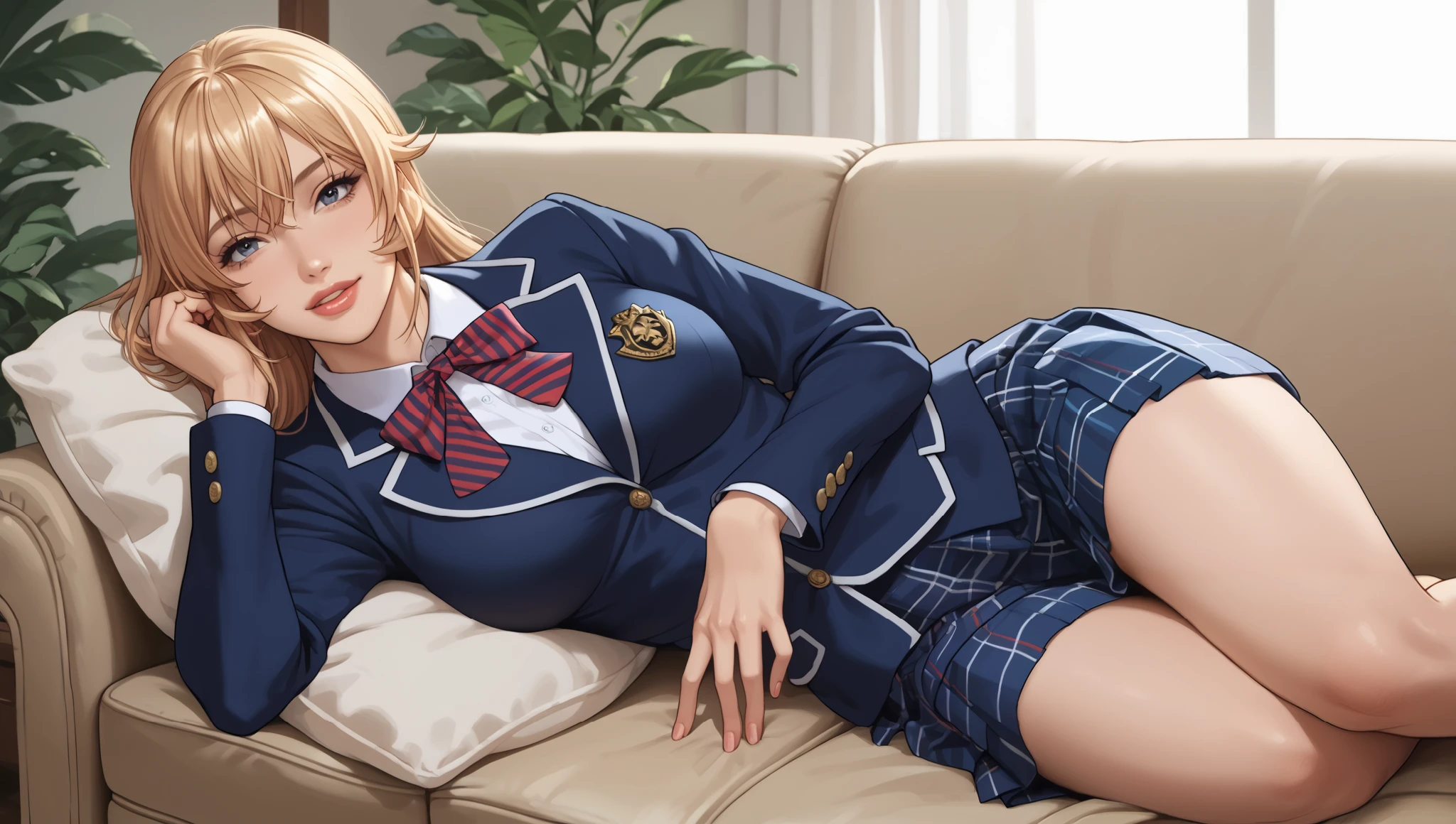 1girl, happy expression, adult, mature, perfect breast, medium breast, full round, curvy, very curvy, thick thighs, full lips, wearin school uniform, blue blazer, skirt, Erina Nakiri cosplay, looking at viewer, lying on sofa, beautiful living room. (Slim Body), portrait. (Morning:1.4),