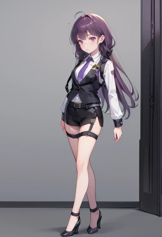 purple hair,girl,1 person,long hair,black vest,((body harness)), garter belt ,Heel,pumps,simple white background,smile,whole body,full body,standing position,Standing picture,vtuber,front,How to look at the viewer, looks to the front,