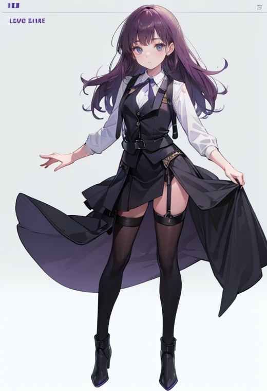 purple hair,girl,1 person,long hair,black vest,((body harness)), garter belt ,Heel,pumps,simple white background,smile,whole body,full body,standing position,Standing picture,vtuber,front,How to look at the viewer, looks to the front,