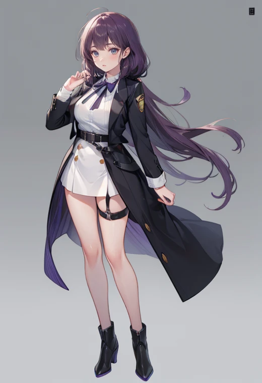 purple hair,girl,1 person,long hair,black vest,((body harness)), garter belt ,Heel,pumps,simple white background,smile,whole body,full body,standing position,Standing picture,vtuber,front,How to look at the viewer, looks to the front,