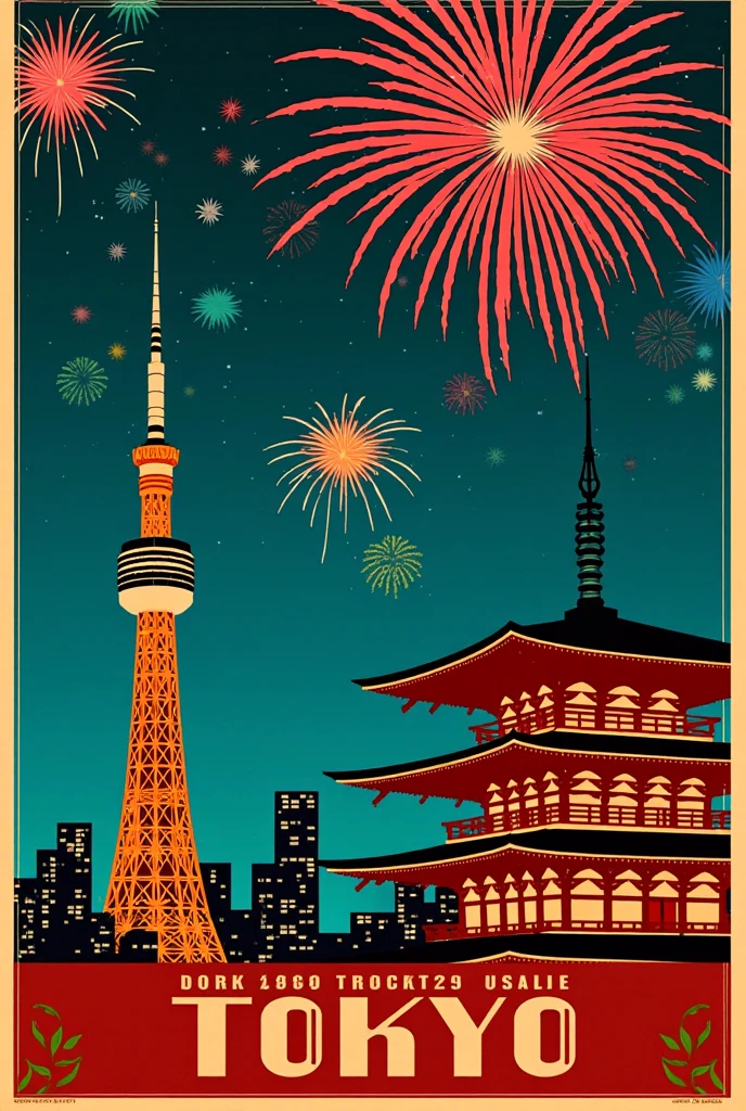 (new year poster:1.3), (vintage style travel poster:1.5), Tokyo,Shiba Zojoji Temple and Tokyo Tower, fireworks in night sky , ("Happy new year" neon sign:1.5), 