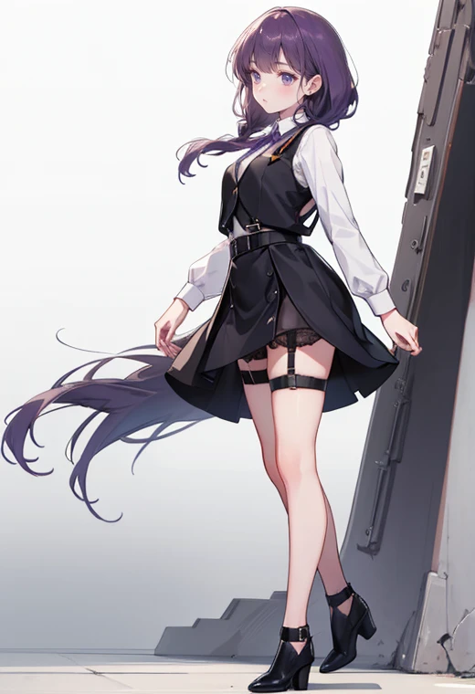 purple hair,girl,1 person,long hair,black vest,((body harness)), garter belt ,Heel,pumps,simple white background,smile,whole body,full body,standing position,Standing picture,vtuber,front,How to look at the viewer, looks to the front,