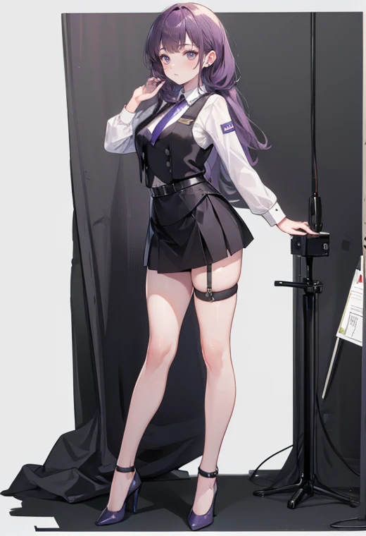 purple hair,girl,1 person,long hair,black vest,((body harness)), garter belt ,Heel,pumps,simple white background,smile,whole body,full body,standing position,Standing picture,vtuber,front,How to look at the viewer, looks to the front,