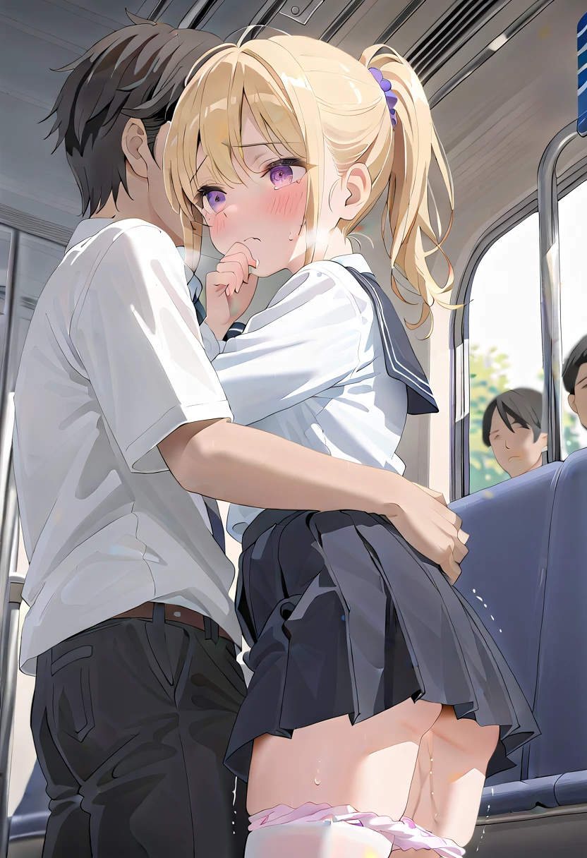 (masterpiece,beautiful,hughres,CG,8k,16k,best quality,high-resolution,detailed eyes:1.5),anime,source anime,illustration,from below,from front,(cowboy shot:1.4),1girl,(train interior, crowded trains near the door, crowds, there are a lot of people on the train :1.5),( there is a man right behind the girl,A man touches a girl's thigh ,Man grabs girl's waist,Crazy behavior,hug from behind,A man hugs a girl :1.4),(doggystyle:1.5),(blonde hair:1.5),pink eyes,(ponytail:1.4),(school uniform,white shirt,pleated skirt,black skirt,black thighhighs,school shoes:1.3),(white panties:1.4),small breasts,standing,leaning forward,(skirt tug:1.4),(panty pull:1.2),hand over own mouth, covering own mouth,(female orgasm,pussy juice:1.1),(seminal, :1.4),(trembling:1.4),(gasping,heavy breathing,blush:1.5),(impatience1.1),flustered,(fidgeting around:1.4),(steam:1.2),(sweat skin,sweat:1.1),(streaming tears:1.3),(drooling:1.1),(looking away:0.5),(looking down:1.4),(spoken heart:1.3),(narrow one's eyes:1.6),(closed mouth:1.2)