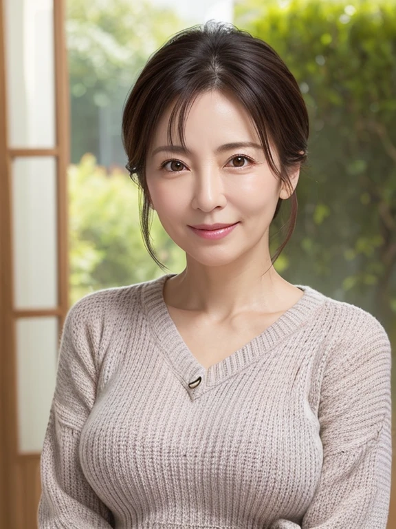 mature mature 、Mother、 clear 、48 years old、 hair up to the shoulders 、Double teeth、 little 、 bright 、 Japanese 、 A fitted knit sweater、 Enhances the shape of the 、 realistic feel、living