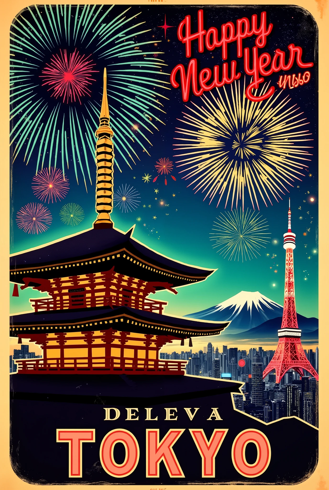 (new year poster:1.3), (vintage style travel poster:1.5), Tokyo,Shiba Zojoji Temple and Tokyo Tower, fireworks in night sky , ("Happy new year" neon sign:1.5), 