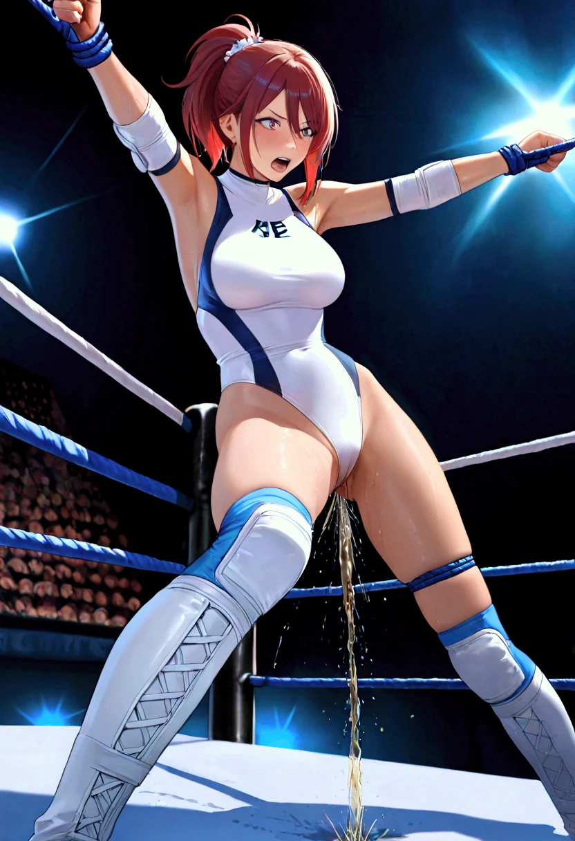 ((((masterpiece)))), ((  unity 8k wallpaper ,  Photorealistic  , ((  detailed face  )),  Female Pro Wrestler with Floating Legs,Umezaki Haruka  ,Frightened face,, Ponytail, scrunchies, pure white leotard ,Elbow guard,  leg protector  ,  pro wrestling that is fixed to the top rope, standing across the top of 3 ropes strung,Crotch torture using pro wrestling top rope,There are 3 ropes stretched on all sides of ,deprived of physical freedom, Floating Legs ,Agony Girl ,A stretched rope can be applied to the vagina,The rope penetrates deep into the vagina,Disgusting secretions sticking to ropes , pee,Professional wrestling venue,Spectators