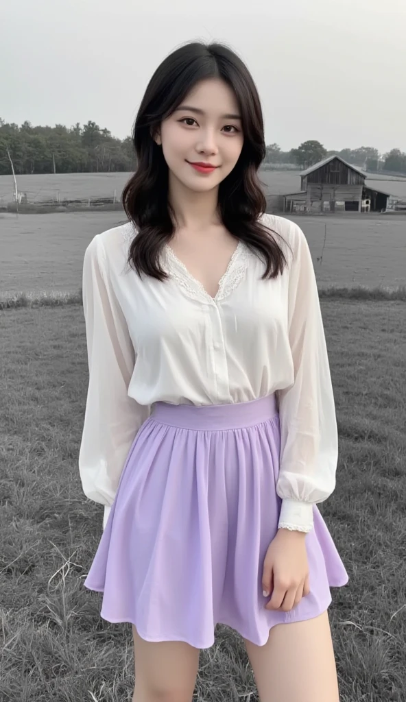 A 80 kg Sundanese girl with a curvier body, wearing a sheer, ultra-thin mini skirt made of translucent lavender fabric. The skirt is almost entirely see-through, revealing the contours of her body beneath it. It is light and flowing, gently swaying in the breeze. Her top is a semi-transparent, delicate white blouse made of fine chiffon, with a loose fit that drapes effortlessly over her body, subtly accentuating her curves. The blouse has a lace trim around the neckline and sleeves, adding a soft, feminine touch. Her face, with soft Korean features, radiates warmth and confidence, with glowing skin and large, inviting eyes. Her black hair falls naturally around her shoulders in soft waves. The background is a realistic, high-contrast black-and-white image of a rural countryside with fields stretching into the horizon, scattered trees, and a rustic wooden barn in the distance. The monochrome tones of the background contrast beautifully with her glowing presence. The image is captured in stunning HD 8K quality using a DSLR camera, focusing on the delicate details of her sheer outfit and glowing skin, with a calm, grounded pose."