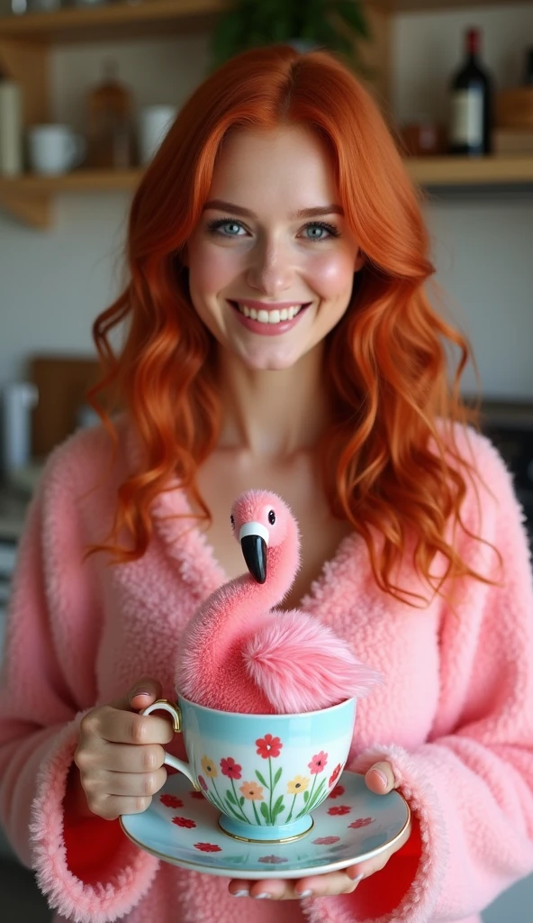 Realistic photo of a beautiful full-bodied model **** with delicate features, her beauty attracts attention with blue eyes, plenty of medium red hair with curls at the ends dressed in a super detailed flamingo costume, holding a hand-painted cup with delicate floral details in pastel color with a furry flamingo inside the cup, both with an expression of joy in the background of a cozy kitchen