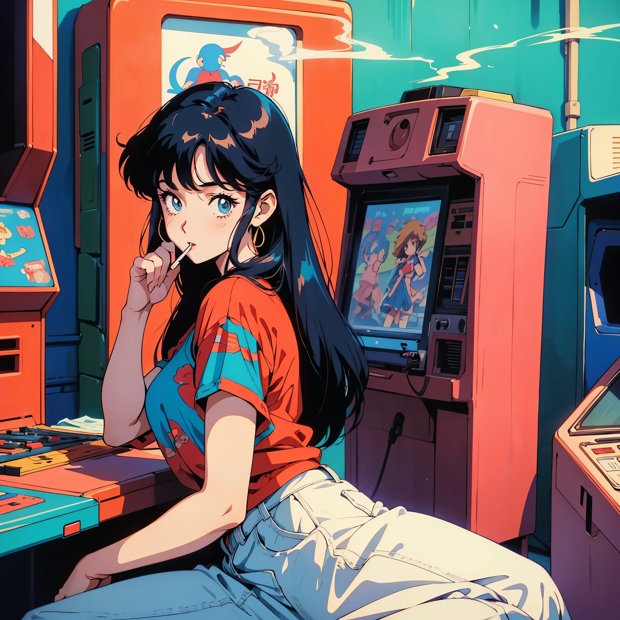 Retro arcade anime girl, 80s Anime atmosphere, 80s anime style, Retro Anime Girls, 1980's anime style, Retro anime images, Anime atmosphere, Playing games, smoking a cigarette, smoking