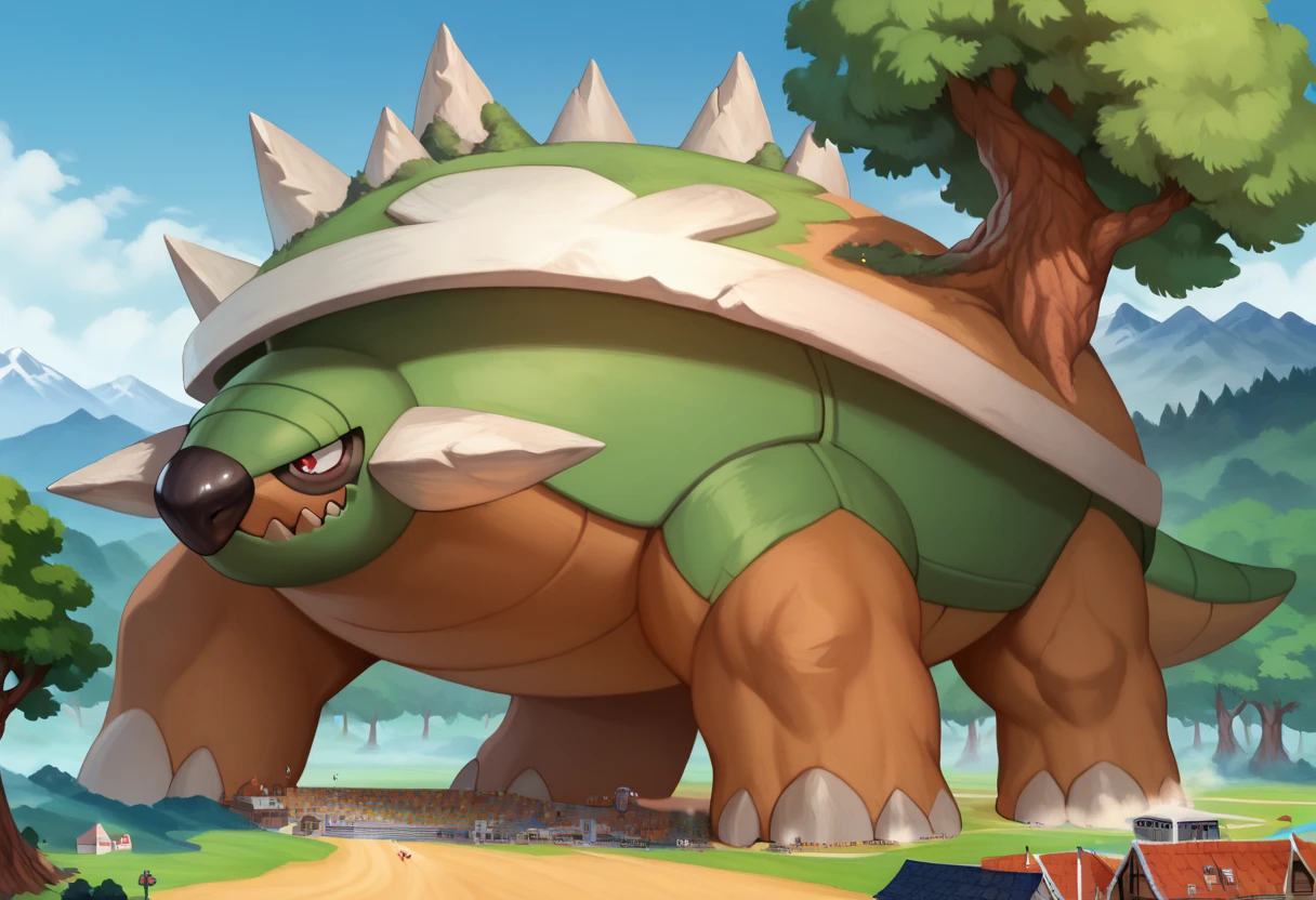 Scribble 1man, detailed, solo, alone, torterra, feral, gentle and wild, sadness, friendly growl, a human man Transformation in to a macro size Giant feral torterra face,humanity(torterra), chuppy, muscular, big strong muscle, ( black eyebrows :1.1),(perfect eyes), green fur, （artist:takemoto arashi)，paw,（ Black beard :1.3）, (Massiv:3.0, ( heavyweight ,strong,Macro, Emphasize the large size of a mountain)), background ((medieval Forest, the crack in the street)), a human man Transformation in to a macro size Giant hyper muscular feral ninja torterra, gives a dangerous look, rating_safe, solo, close up, growth, very cramped, trembling, walk, playfull growl, powerful and strong feral torterra, pokemon \(creature\), tree, red eyes, claws, spikes, short tail