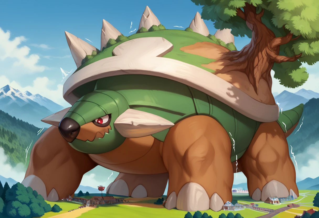 Scribble 1man, detailed, solo, alone, torterra, feral, gentle and wild, sadness, friendly growl, a human man Transformation in to a macro size Giant feral torterra face,humanity(torterra), chuppy, muscular, big strong muscle, ( black eyebrows :1.1),(perfect eyes), green fur, （artist:takemoto arashi)，paw,（ Black beard :1.3）, (Massiv:3.0, ( heavyweight ,strong,Macro, Emphasize the large size of a mountain)), background ((medieval Forest, the crack in the street)), a human man Transformation in to a macro size Giant hyper muscular feral ninja torterra, gives a dangerous look, rating_safe, solo, close up, growth, very cramped, trembling, walk, playfull growl, powerful and strong feral torterra, pokemon \(creature\), tree, red eyes, claws, spikes, short tail