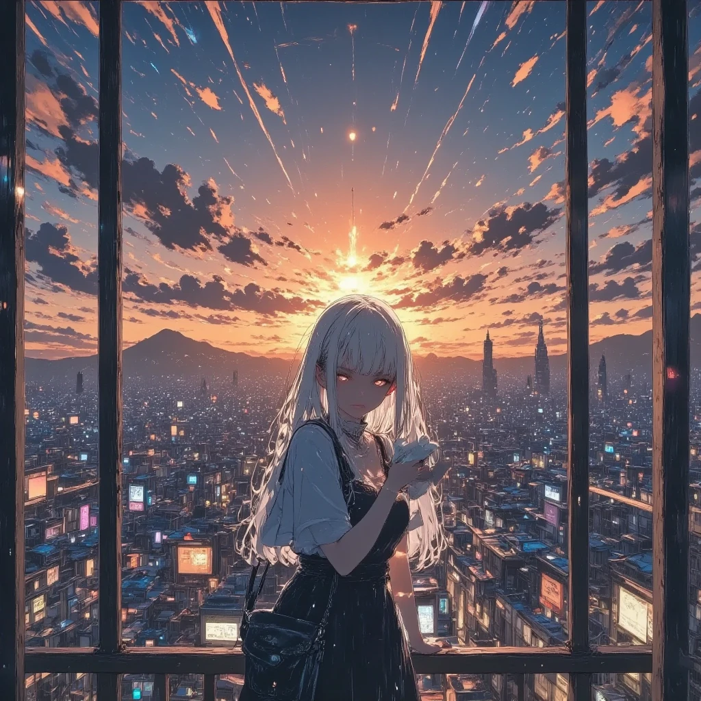 masterpiece, solo, rough stroke anime, 1girl,  white hair, short hair, sharp line art, detailed illustration, long eyelashes, cinematic lighting, ambient light, volumetric lighting, ultra aesthetic environment, 8k, 16k, hdr, best quality, indirect lighting, super quality composition,sunset , realistic anime background, cinematic lighting, bokeh , blurry background, tokyo city,