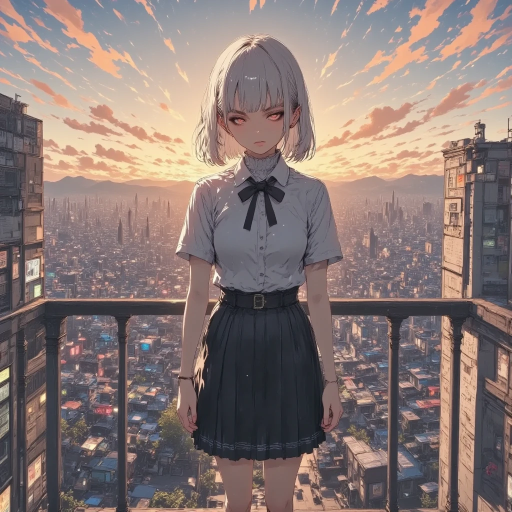 masterpiece, solo, rough stroke anime, 1girl,  white hair, short hair, sharp line art, detailed illustration, long eyelashes, cinematic lighting, ambient light, volumetric lighting, ultra aesthetic environment, 8k, 16k, hdr, best quality, indirect lighting, super quality composition,sunset , realistic anime background, cinematic lighting, bokeh , blurry background, tokyo city,