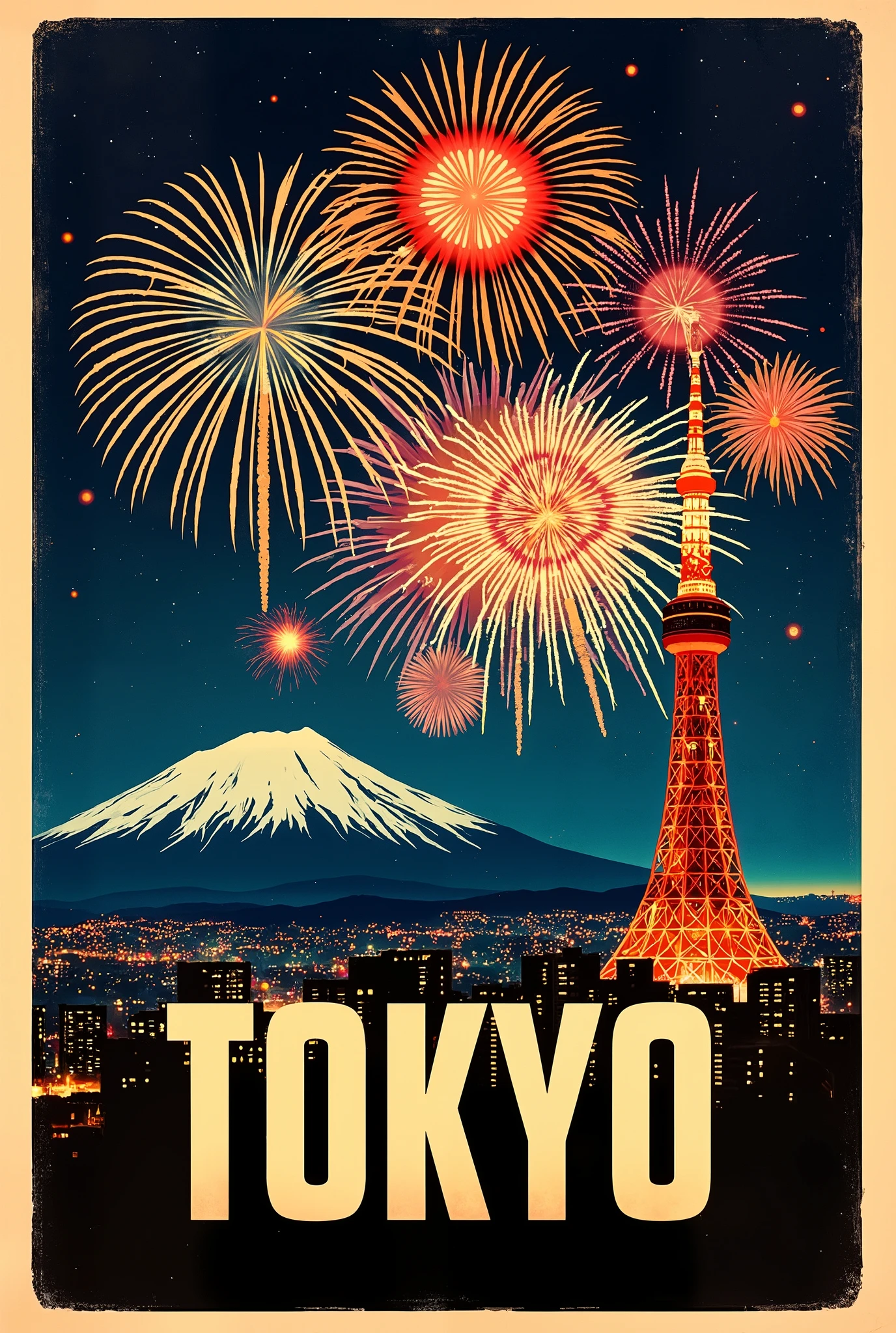 (new year poster:1.3), (vintage style travel poster:1.5), Tokyo, Mt.Fuji and Tokyo Tower, fireworks in night sky , ("Happy new year" neon sign:1.5), 