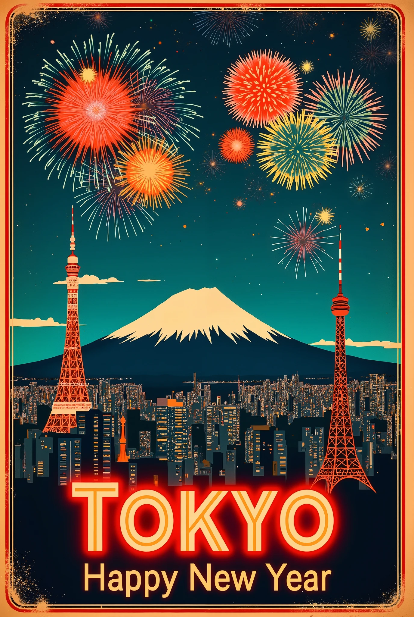 (new year poster:1.3), (vintage style travel poster:1.5), Tokyo, Mt.Fuji and Tokyo Tower, fireworks in night sky , ("Happy new year" neon sign:1.5), 