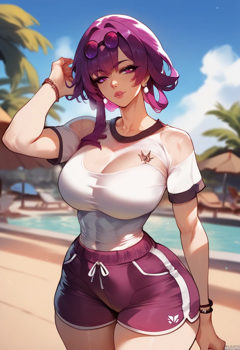 Beautiful woman, big breasts, fit body, hourglass figure, wide hips, athletic, toned, small t-shirt, tight shirt, short sleeves, tight sleeves, compression fit shirt, dolphin shorts, kfka, purple eyes, purple hair, bangs, sidelocks, eyewear on head, earrings,